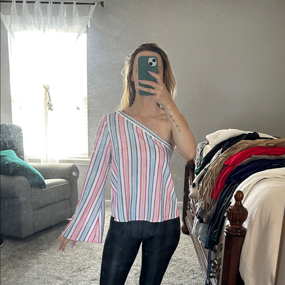 One-Shoulder Striped Knit Top - Red, Blue & White
